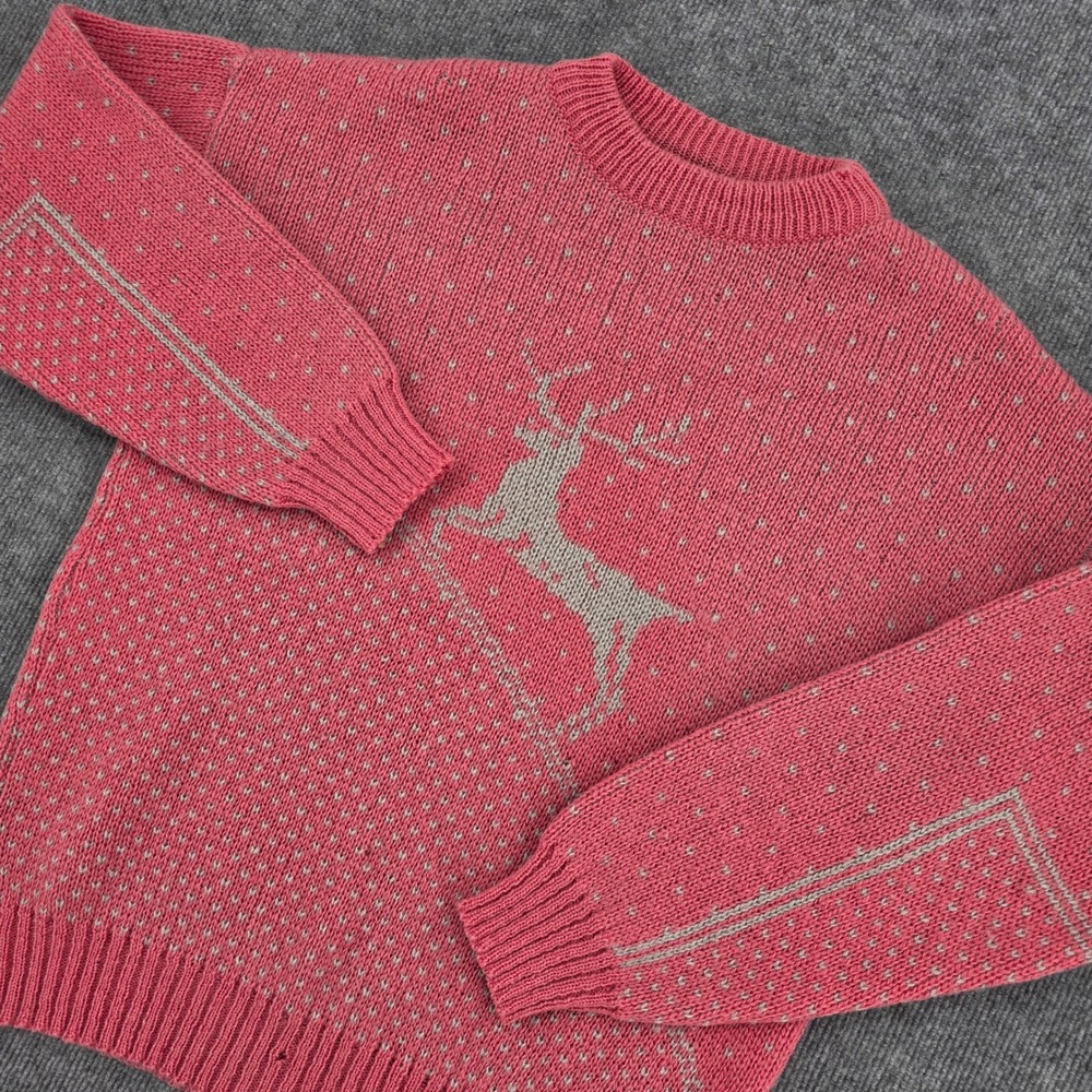 Vintage Norlender Norway Pure Wool Reindeer Sweater Pink Grey Nordic Mens 50 L